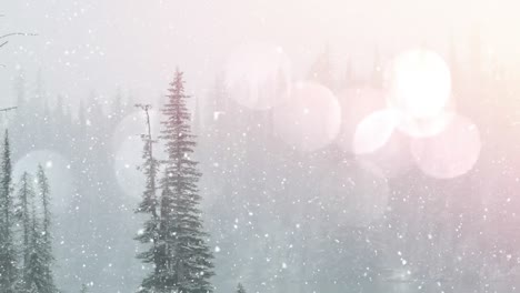Digital-animation-of-spots-of-light-against-snow-falling-over-trees-on-winter-landscape