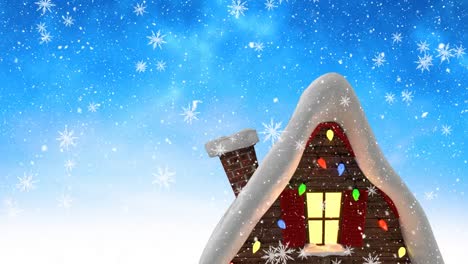 Digital-animation-of-snowflakes-falling-over-house-against-blue-background