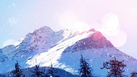 Digitale-Animation-Von-Lichtflecken-Vor-Schnee,-Der-Auf-Eine-Winterlandschaft-Mit-Bäumen-Und-Bergen-Fällt