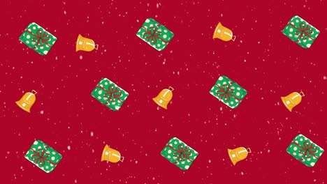 Animation-of-christmas-bells-and-presents-moving-with-snow-falling-on-red-background