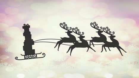 Digital-animation-of-black-silhouette-of-christmas-gifts-in-sleigh-being-pulled-by-reindeers-against