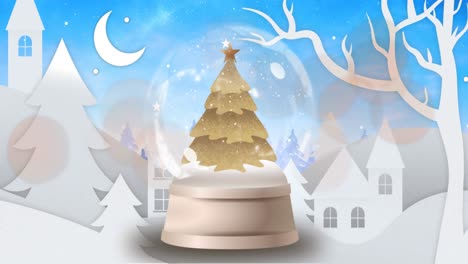 Animación-De-Una-Bola-De-Nieve-Con-árbol-De-Navidad-Y-Paisaje-Invernal-Con-Nieve-Cayendo-Al-Fondo