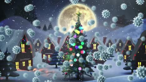 Animation-Von-Covid-19-Zellen,-Die-Sich-über-Eine-Winterlandschaft-Mit-Tannenbäumen-Bewegen