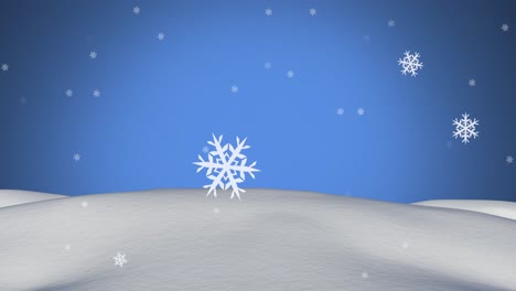 Digital-animation-of-snowflakes-moving-over-snow-landscape-against-blue-background