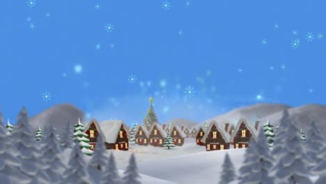Digital-animation-of-spots-of-light-and-snowflakes-falling-over-houses-and-trees-in-winter-landscape