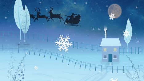 Animation-of-black-silhouette-on-santa-claus-in-sleigh-being-pulled-by-reindeer-with-winter-scenery-