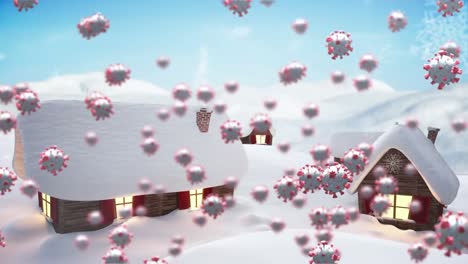 Animation-Von-Covid-19-Zellen,-Die-Sich-über-Eine-Winterlandschaft-Mit-Schneebedeckten-Häusern-Und-Fallendem-Schnee-Bewegen