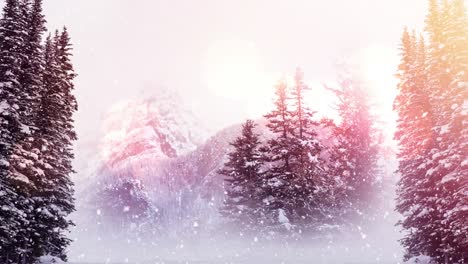 Digital-animation-of-spot-of-light-against-snow-falling-over-trees-on-winter-landscape