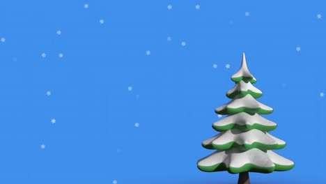 Digitale-Animation-Von-Schneeflocken,-Die-über-Den-Sich-Drehenden-Weihnachtsbaum-Vor-Blauem-Hintergrund-Fallen