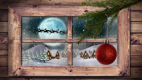 Digital-animation-of-christmas-bauble-decorations-hanging-on-tree-and-wooden-window-frame