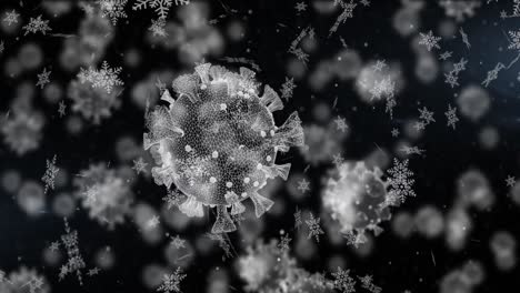 Animation-of-covid-19-cells-with-winter-scenery-and-snow-falling-on-black-background