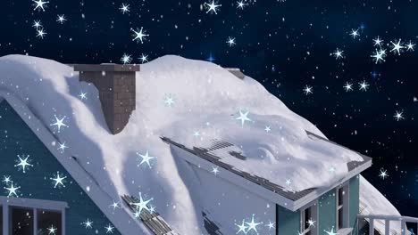 Digitale-Animation-Mehrerer-Sterne,-Die-über-Ein-Schneebedecktes-Haus-Fallen,-Während-In-Der-Nähe-Sterne-Leuchten