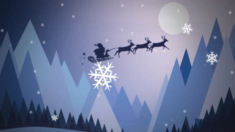 Digitale-Animation-Von-Schneeflocken,-Die-Sich-über-Die-Schwarze-Silhouette-Des-Weihnachtsmanns-Im-Schlitten-Bewegen