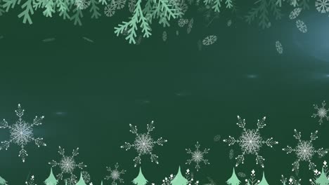 Digitale-Animation-Von-Schneeflocken,-Die-Sich-über-Mehrere-Bäume-Auf-Grünem-Hintergrund-Bewegen