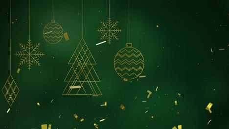 Digital-animation-of-golden-confetti-falling-over-christmas-decorations-hanging