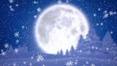 Digital-animation-of-snowflakes-falling-over-winter-landscape-against-moon-in-night-sky