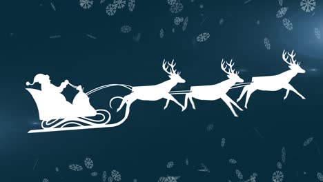 Animation-Der-Weißen-Silhouette-Des-Weihnachtsmanns-Im-Schlitten,-Der-Von-Rentieren-Gezogen-Wird,-Und-Winterweihnachten