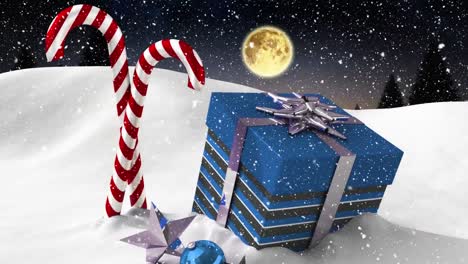 Digitale-Animation-Von-Schnee,-Der-über-Die-Weihnachtsgeschenkbox-Fällt