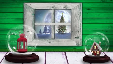 Animation-of-two-snow-globes-and-winter-christmas-scenery-with-snow-falling-and-full-moon