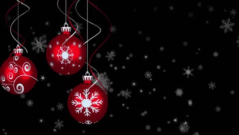 Animation-of-three-red-baubles-christmas-decoration-with-snow-falling-on-black-background
