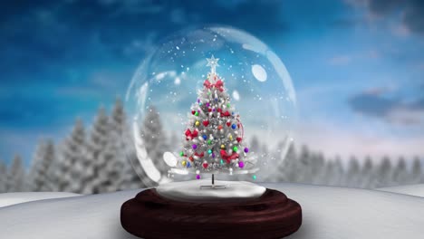 Animation-of-snow-globe-with-christmas-tree-and-winter-scenery-with-snow-falling-in-the-background
