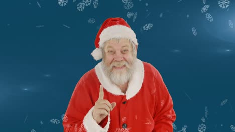 Animation-of-santa-claus-smiling-over-winter-scenery-with-snow-falling-on-blue-background
