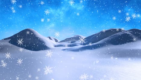 Digital-animation-of-snowflakes-falling-on-winter-landscape-against-blue-background