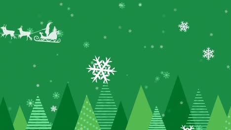 Animation-Der-Silhouette-Des-Weihnachtsmanns-Im-Schlitten,-Der-Von-Rentieren-Gezogen-Wird,-Und-Winterweihnachtsszene