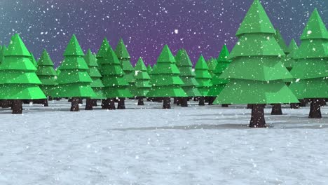 Animation-of-winter-scenery-with-snow-falling-and-fir-trees-with-moving-spots-of-light-in-the-backgr