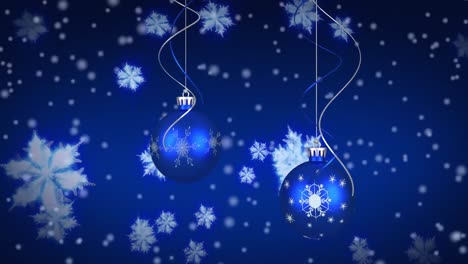 Animation-of-blue-christmas-baubles-decoration-and-snowflakes-falling-on-blue-background