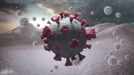 Animation-Von-Covid-19-Zellen,-Die-Sich-über-Eine-Winterlandschaft-Mit-Schneebedeckter-Landschaft-Und-Fallendem-Schnee-Bewegen
