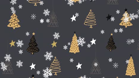 Animation-Von-Weihnachtsbäumen-Und-Schneeflocken,-Die-Auf-Grauen-Hintergrund-Fallen