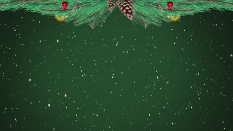 Digital-animation-of-christmas-wreath-decorations-hanging-against-snow-falling-on-green-background