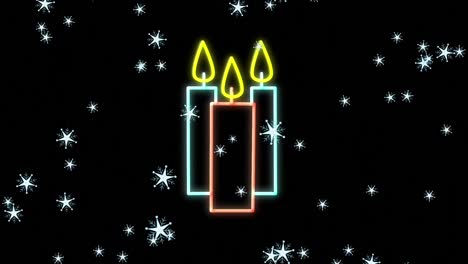 Digital-animation-of-multiple-glowing-stars-falling-against-three-neon-candles-on-black-background