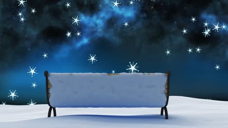 Digital-animation-of-stars-falling-over-bench-on-winter-landscape-against-night-sky