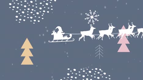 Animation-of-silhouette-of-santa-claus-in-sleigh-being-pulled-by-reindeer-with-christmas-trees