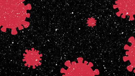 Animation-Roter-Covid-19-Zellen,-Die-Sich-über-Den-Schnee-Der-Winterlandschaft-Bewegen,-Der-Auf-Schwarzen-Hintergrund-Fällt