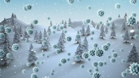 Animation-Von-Covid-19-Zellen,-Die-Sich-über-Eine-Winterlandschaft-Mit-Tannenbäumen-Und-Fallendem-Schnee-Bewegen