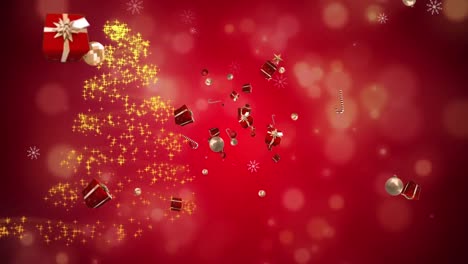 Animation-of-christmas-tree,-candy-canes-and-presents-flying-on-red-background.