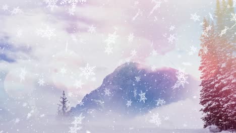 Digital-animation-of-spots-of-light-against-snowflakes-falling-on-winter-landscape-with-mountains-an