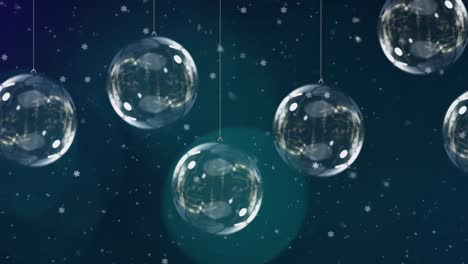 Animation-of-six-clear-baubles-christmas-decoration-with-flickering-lights-and-snow-falling