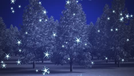 Digital-animation-of-multiple-stars-falling-against-multiple-trees-on-winter-landscape