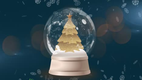Animation-Einer-Schneekugel-Mit-Weihnachtsbaum-Und-Schnee,-Der-Auf-Blauen-Hintergrund-Fällt