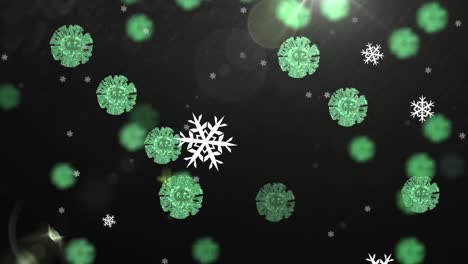 Animation-of-green-covid-19-cells-moving-over-winter-scenery-with-snow-falling-on-black-background