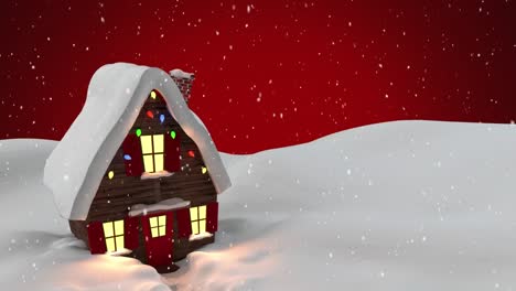 Digitale-Animation-Von-Schnee,-Der-über-Ein-Haus-In-Einer-Winterlandschaft-Vor-Rotem-Hintergrund-Fällt