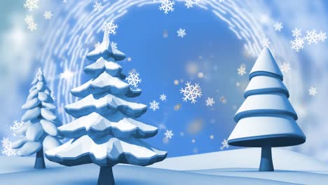 Digital-animation-of-snowflakes-falling-over-trees-on-winter-landscape-against-blue-background