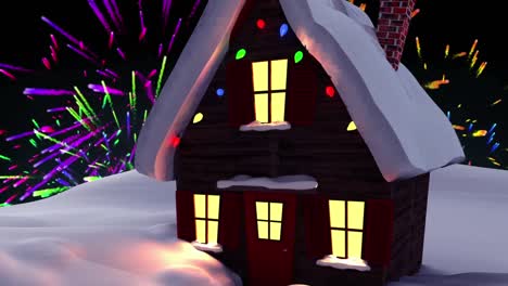 Digitale-Animation-Eines-Schneebedeckten-Hauses-In-Einer-Winterlandschaft-Vor-Explodierendem-Feuerwerk-Auf-Schwarz