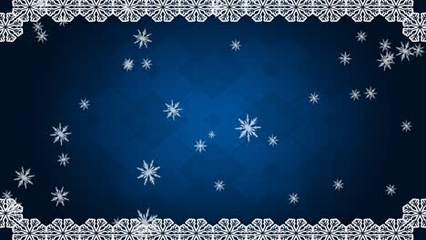 Digitale-Animation-Des-Weihnachtstraditionsrahmens-über-Schneeflocken,-Die-Vor-Blauem-Hintergrund-Fallen