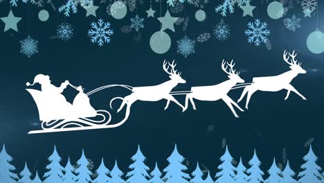 Animation-of-white-silhouette-of-santa-claus-in-sleigh-being-pulled-by-reindeer-and-winter-christmas