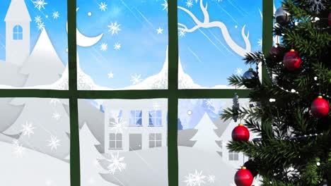 Animation-of-christmas-tree-with-winter-scenery-with-houses